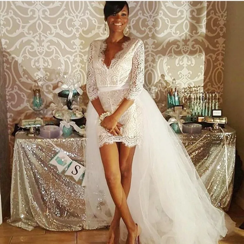 Beach Mini Sheath Lace Wedding Dresses With Detachable Train Three Quarter Sleeves V Neck High Low Bridal Dress Cheap Boho Gown
Beach Mini Sheath Lace Wedding Dresses With Detachable Train Three Quarter Sleeves V Neck High Low Bridal Dress Cheap Boho Gown