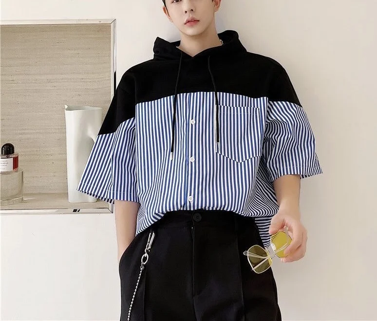 European and American Three-Quarter Sleeve T-Shirt Lovers Summer Handsome Striped Stitching Hooded Shirt Loose Loose
European and American Three-Quarter Sleeve T-Shirt Lovers Summer Handsome Striped Stitching Hooded Shirt Loose Loose