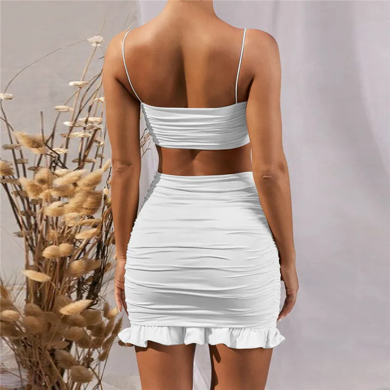 Womens Sexy Camisole Skirt Suit Fresh Solid Color Exposed Navel Pullover Top and High-waist Ruffles Short Dresses Crop Tank Set 
Womens Sexy Camisole Skirt Suit Fresh Solid Color Exposed Navel Pullover Top and High-waist Ruffles Short Dresses Crop Tank Set