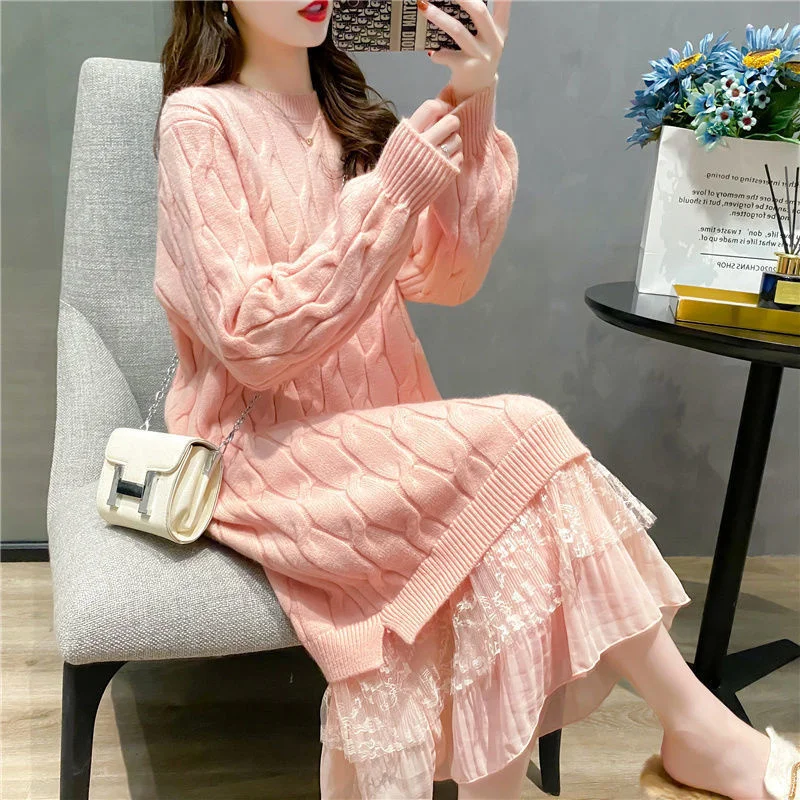Lace Stitched Sweater Loose Elegant Midi Dress 2022 New Fall Twist Knitted Vintage Fashion Party Dress
Lace Stitched Sweater Loose Elegant Midi Dress 2022 New Fall Twist Knitted Vintage Fashion Party Dress