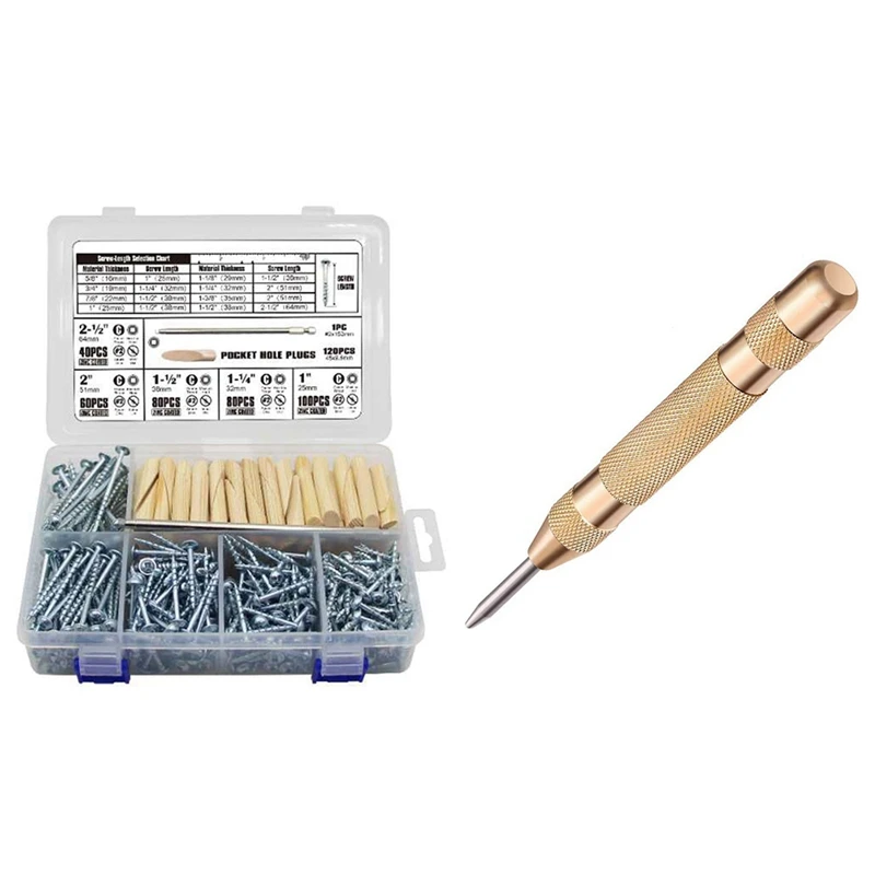 Pocket-Hole Screw Kit 5 Sizes Fine Coarse Thread Wood Screws with Automatic Center Punch Positioner High Hardness Punch
Pocket-Hole Screw Kit 5 Sizes Fine Coarse Thread Wood Screws with Automatic Center Punch Positioner High Hardness Punch