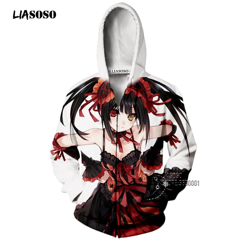 LIASOSO/толстовки с капюшоном 3D принтом аниме Дата и живая для девочек Tokisaki Kurumi