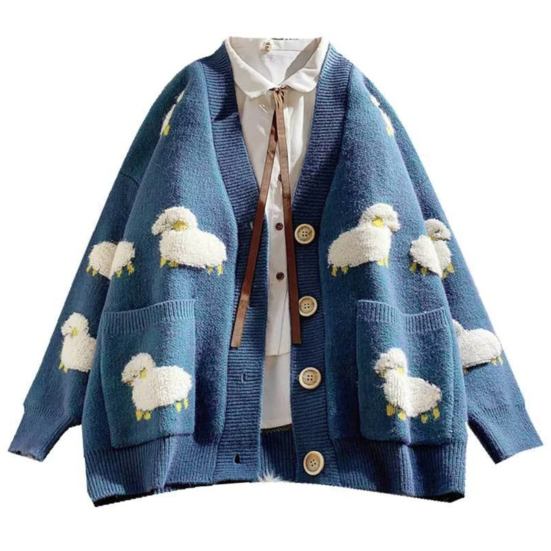 Women Long Sleeve Knitted Cardigan Cartoon Sheep Print Single Breasted Sweater Coat Loose V-Neck Outwear with Pockets
Women Long Sleeve Knitted Cardigan Cartoon Sheep Print Single Breasted Sweater Coat Loose V-Neck Outwear with Pockets
