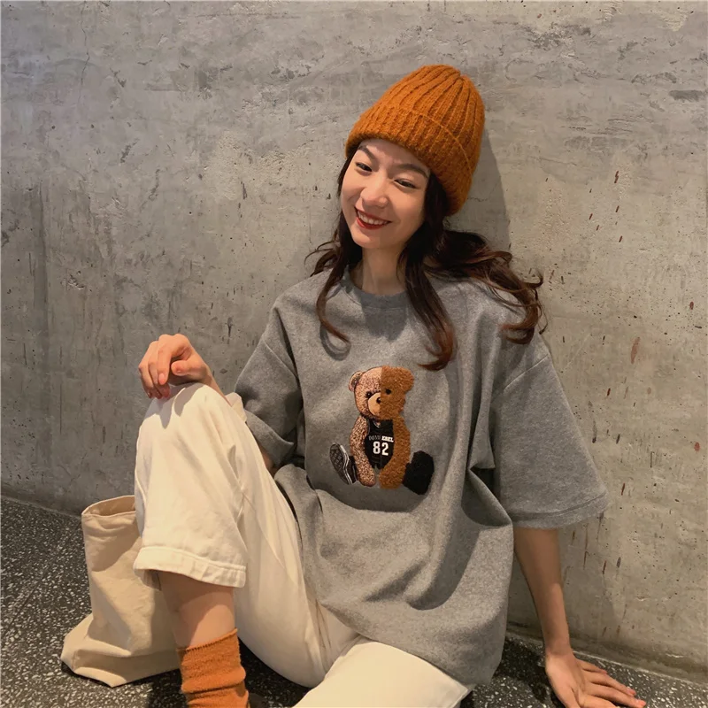 Summer college style towel embroidered bear half-sleeved mid-length loose cotton T-shirt all-match casual women
Summer college style towel embroidered bear half-sleeved mid-length loose cotton T-shirt all-match casual women