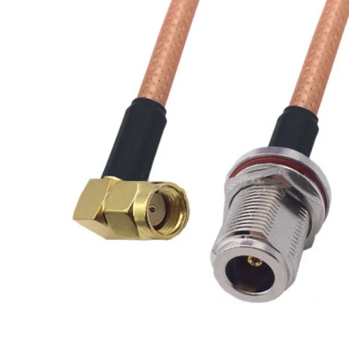

Brown RG142 Cable RP-SMA Male Right Angle to N Female Bulkhead Nut Connector RF Coaxial Jumper Pigtail Cable