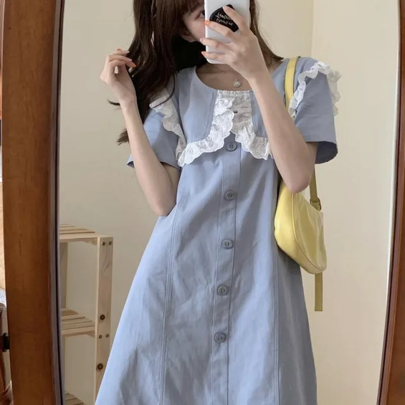 Summer Casual Women's Dresses Peter Pan Collar Lace Patchwork Women's Summer Sundresses Sweet Blue French Dress Women
Summer Casual Women's Dresses Peter Pan Collar Lace Patchwork Women's Summer Sundresses Sweet Blue French Dress Women