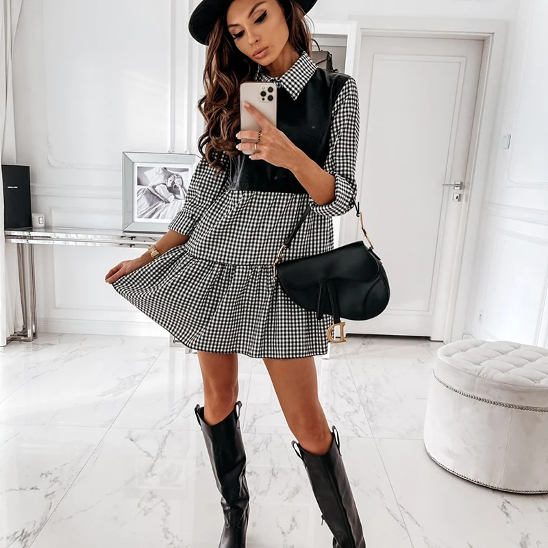 Casual Long Sleeve Mini Shirt Dress For Women White 2021 Spring PU Leather Patchwork Plaid Woman Dresses Clothing Femme Robe
Casual Long Sleeve Mini Shirt Dress For Women White 2021 Spring PU Leather Patchwork Plaid Woman Dresses Clothing Femme Robe