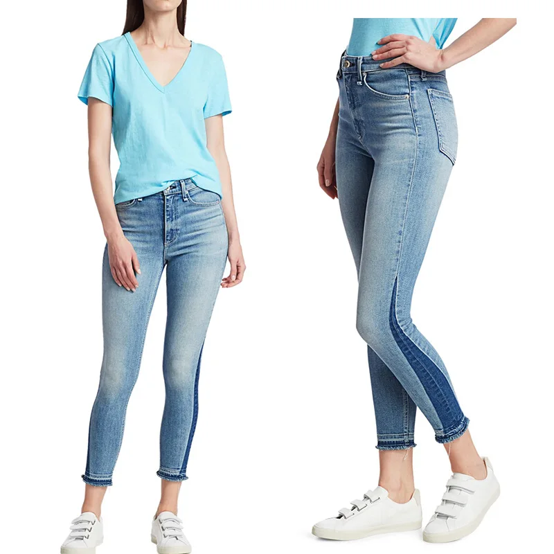 

Весенние европейские и американские Тряпичные синие эластичные укороченные брюки с тонкой талией и постепенно меняющимися джинсы с кисточ...