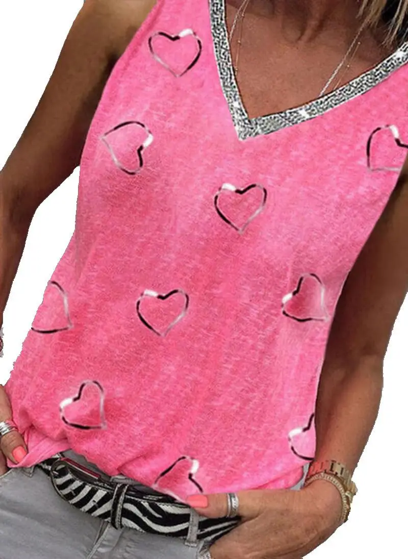 New Arrivals Women's Clothing Printed Sequins V-neck Casual Vest T-shirt Women 
New Arrivals Women's Clothing Printed Sequins V-neck Casual Vest T-shirt Women