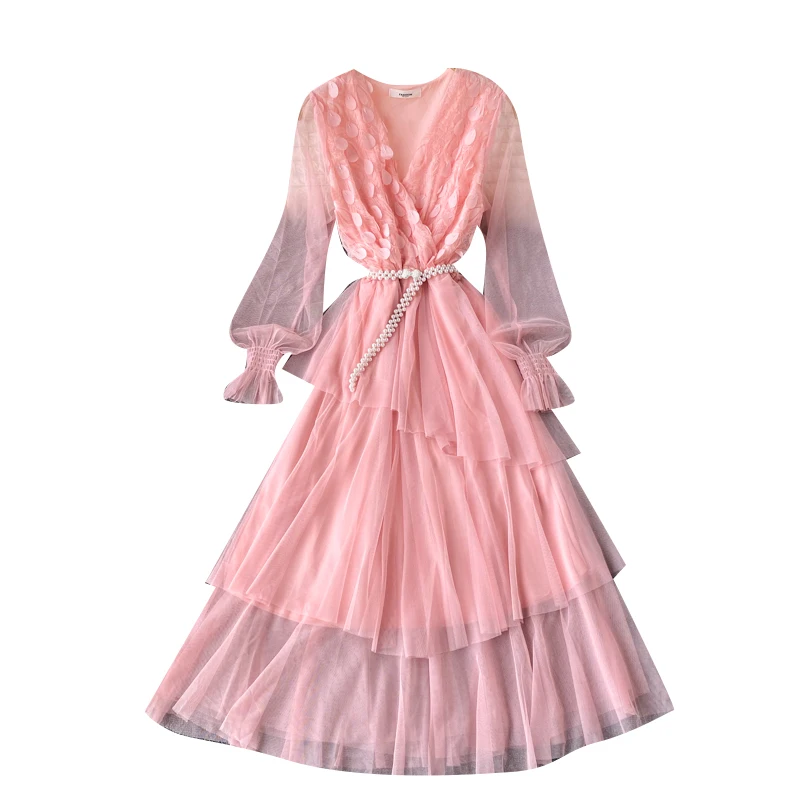 2021 Spring New Fashion Mesh Stitching Vestidos Femininity V-neck Lantern Sleeve Midi Ruffled Dress C207
2021 Spring New Fashion Mesh Stitching Vestidos Femininity V-neck Lantern Sleeve Midi Ruffled Dress C207