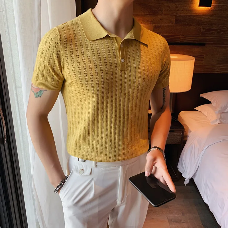 British Style Summer Ice Silk Short Sleeve Knitted Polo Shirt Men High Quality Turn Down Collar Slim Fit Striped Tee Shirt Homme
British Style Summer Ice Silk Short Sleeve Knitted Polo Shirt Men High Quality Turn Down Collar Slim Fit Striped Tee Shirt Homme
