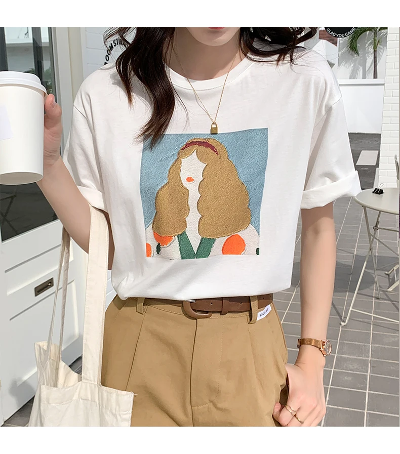 Summer Girls Loose White Cotton Tops T-shirts Women Short Sleeve O-neck Printing Character Casual Tshirt For Female
Summer Girls Loose White Cotton Tops T-shirts Women Short Sleeve O-neck Printing Character Casual Tshirt For Female