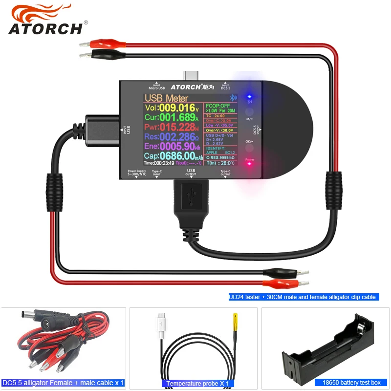 

UD24 DC5.5 Type-C USB Tester Digital Voltmeter Meter + NTC temperature probe + alligator clip cable + 18650 battery box