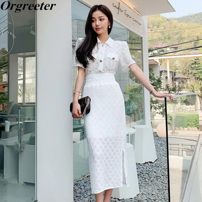 Pure color Wild Retro Single-breasted Temperament Short-sleeved Shirt Two piece High waist Split Bodycon Skirt Sets Outfits
Pure color Wild Retro Single-breasted Temperament Short-sleeved Shirt Two piece High waist Split Bodycon Skirt Sets Outfits