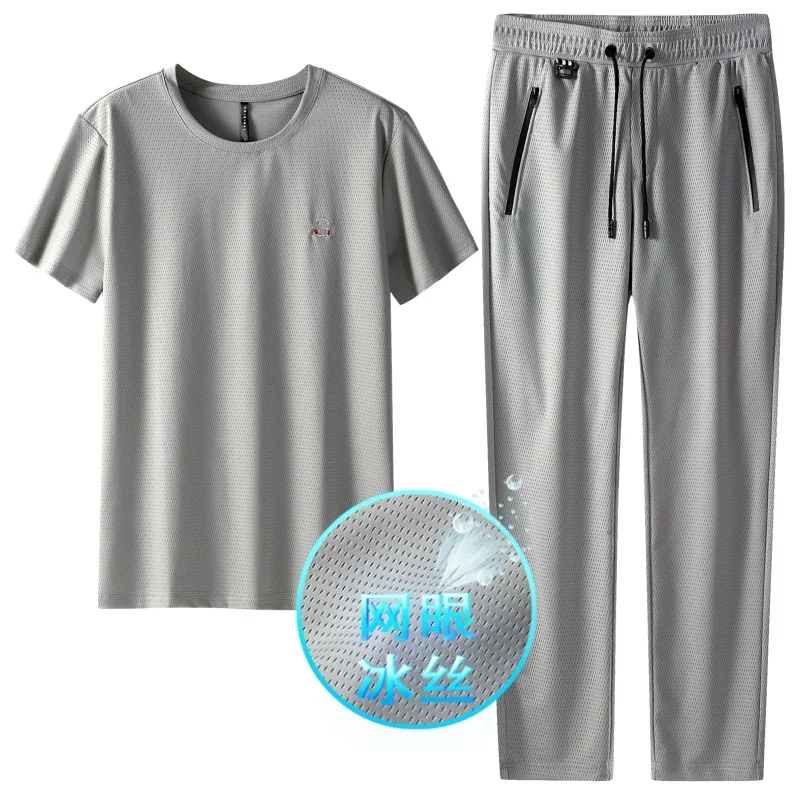 Summer men's short sleeve suit ultra thin ice sports casual suit men's pants large size two piece suit 96