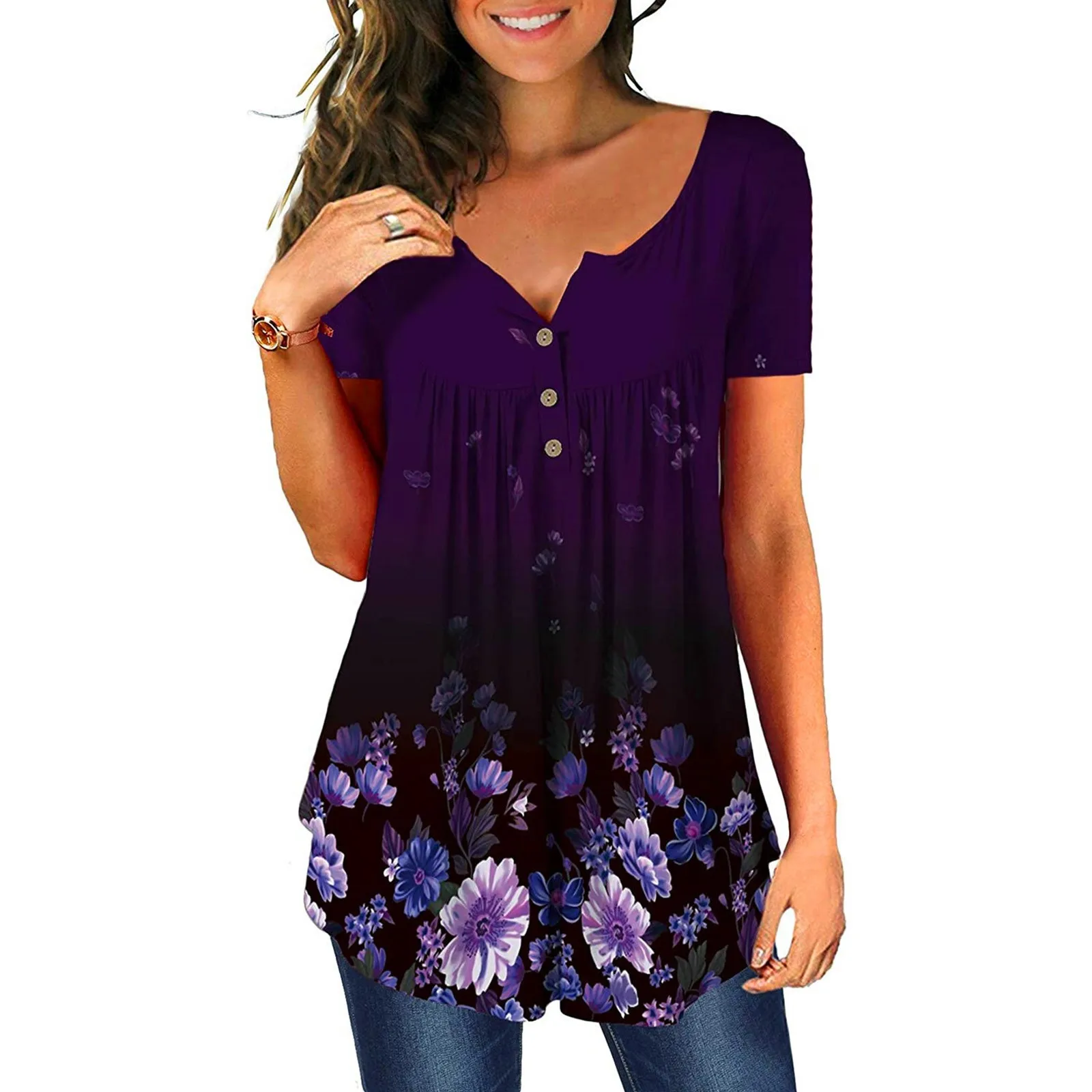 New Fashion Stylish Women Tops Short Sleeves Floral Printed Tunic Buttons V- Neck Loose Summer Tee Pullover Blusas
New Fashion Stylish Women Tops Short Sleeves Floral Printed Tunic Buttons V- Neck Loose Summer Tee Pullover Blusas