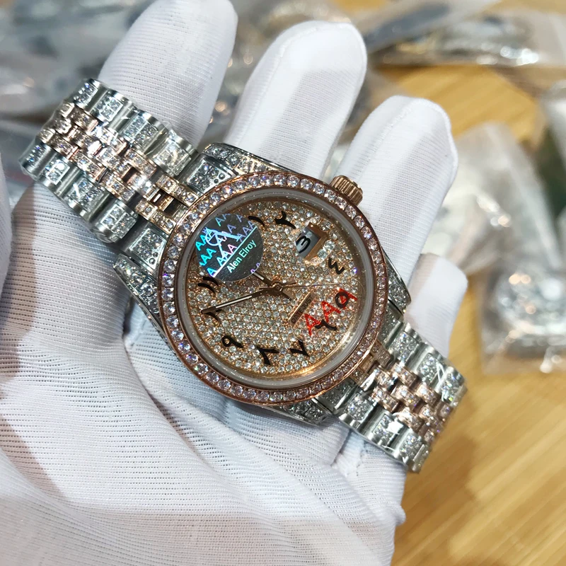 

Rose Gold &Silver iced out watch Arabic numbers excellent quality sapphire glass sweeping movement diamonds watches