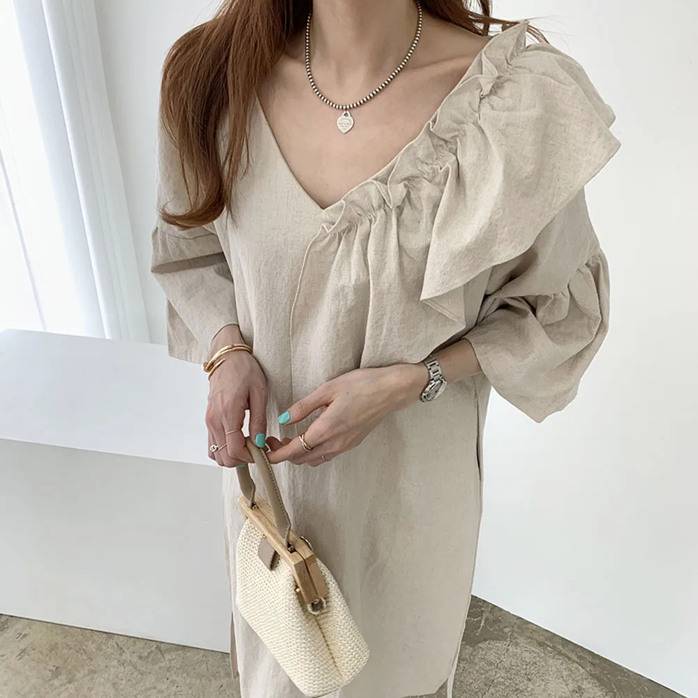 2021 Summer Korean Fashion Style V-neck Fungus Mid-length Irregular Solid Color Women's Dress Loose Casual Flared Sleeves
2021 Summer Korean Fashion Style V-neck Fungus Mid-length Irregular Solid Color Women's Dress Loose Casual Flared Sleeves