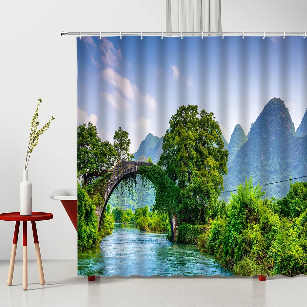 Занавеска для душа с Горным водным пейзажем, моющаяся из полиэстера, с зелеными растениями, для ванны
Занавеска для душа с Горным водным пейзажем, моющаяся из полиэстера, с зелеными растениями, для ванны