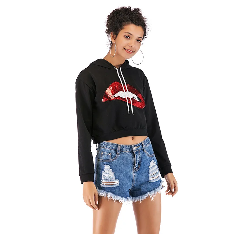Spring Short Sweatshirt Women Casual Loose Slim Bodycon Sequins Lip Hoodie Women O-neck Long Sleeve Navel Exposed Tops for Women
Spring Short Sweatshirt Women Casual Loose Slim Bodycon Sequins Lip Hoodie Women O-neck Long Sleeve Navel Exposed Tops for Women