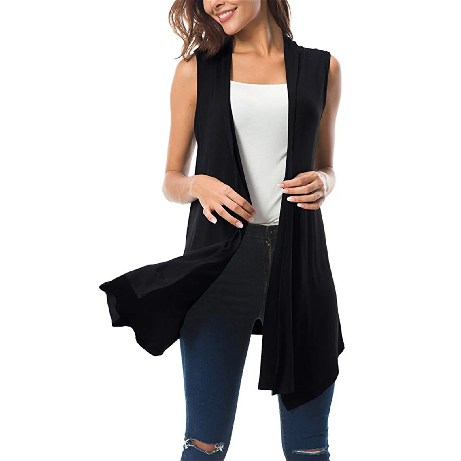 Women's Sleeveless Draped Open Front Cardigan Vest Asymmetric Hem Tops Ladies Casual Loose Vintage Long Cardigans Female Clothes 
Women's Sleeveless Draped Open Front Cardigan Vest Asymmetric Hem Tops Ladies Casual Loose Vintage Long Cardigans Female Clothes
