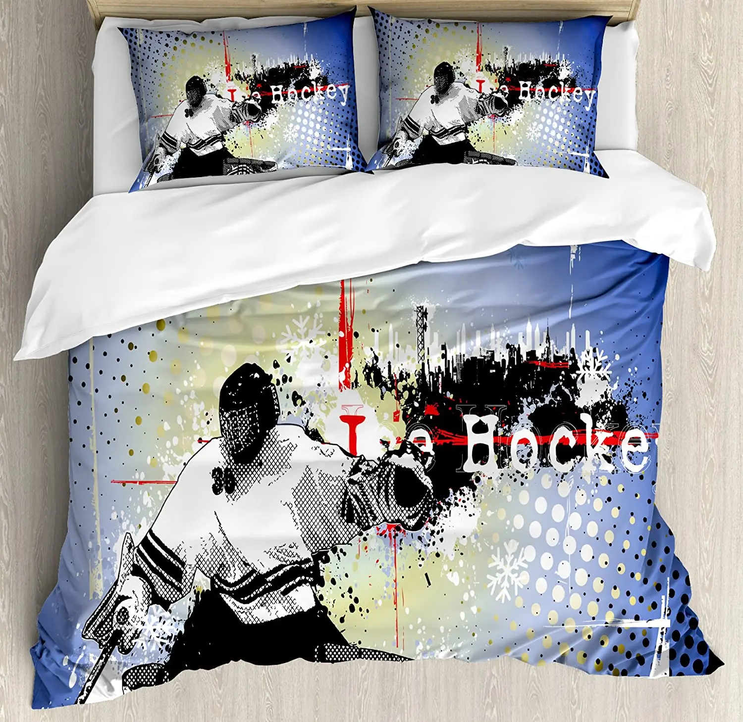 Hockey Duvet Cover Set Retro Halftone Style Backdrop with Player Figure Snowflakes and Cityscape Silhouette Bedding Set for Home
Hockey Duvet Cover Set Retro Halftone Style Backdrop with Player Figure Snowflakes and Cityscape Silhouette Bedding Set for Home