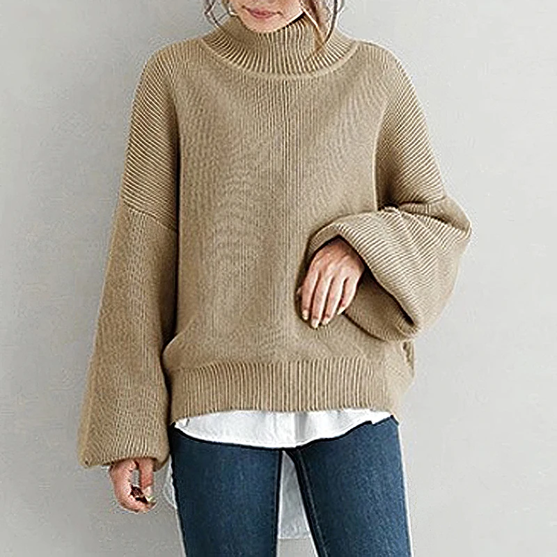 

Осенние женские вязаные свитера OL, водолазка с рукавом летучая мышь, Свободный Повседневный пуловер, свитер, Офисная Женская одежда 2021