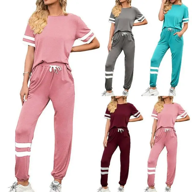 Pajama Set Women Fashion Contrast Color Sports Suit Casual Short-Sleeve Tops Pants 2 Pieces Set Pijamas Women 
Pajama Set Women Fashion Contrast Color Sports Suit Casual Short-Sleeve Tops Pants 2 Pieces Set Pijamas Women