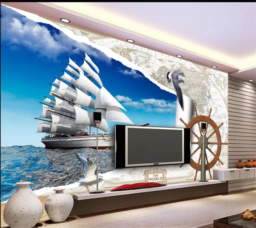 

wellyu Custom large wall painter with European map 3d Roman column helm wheel sailing seagull TV background wall