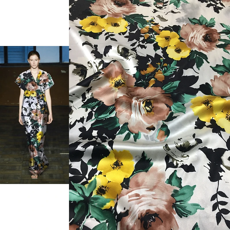 Ручная роспись Цветочная печать на белом фоне тяжелый креп шелк цифровая печать натуральный шелк тутового шелкопряда Высокая мода ткань