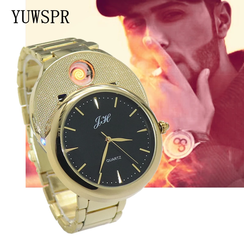 Gold Watch Men Cigarette Lighter Watches USB Rechargeable Outdoor Windproof Silent Sleek Stainless Steel Male Colck Gift JH329
Gold Watch Men Cigarette Lighter Watches USB Rechargeable Outdoor Windproof Silent Sleek Stainless Steel Male Colck Gift JH329
