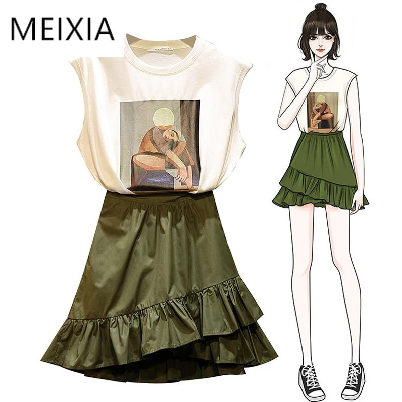 MEIXIA Summer Women Two piece set Casual O-Neck Sleeveless Top + Skirt Mini Elastic Waist Zipper Ruffles Hem Suit 2 Piece Set
MEIXIA Summer Women Two piece set Casual O-Neck Sleeveless Top + Skirt Mini Elastic Waist Zipper Ruffles Hem Suit 2 Piece Set