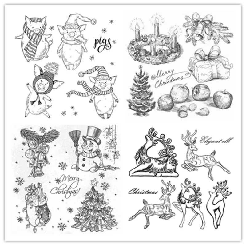 

New Different Christmas Stamps scrapbooking Animal Gift Balls Elk Santa Claus Pine Cone Tree Bow Craft Card Seal NO Cutting Dies