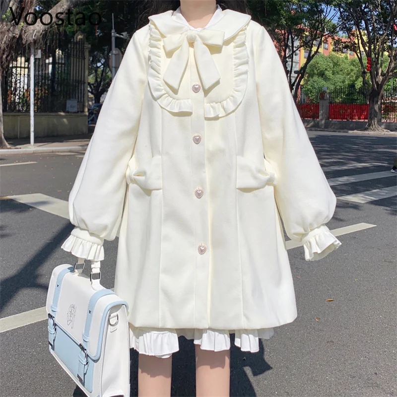 Autumn Winter Sweet Lolita Style Woolen Coats Japanese Women Cute Peter Pan Collar Bow Loose Jackets Girly Trend Warm Outerwear
Autumn Winter Sweet Lolita Style Woolen Coats Japanese Women Cute Peter Pan Collar Bow Loose Jackets Girly Trend Warm Outerwear