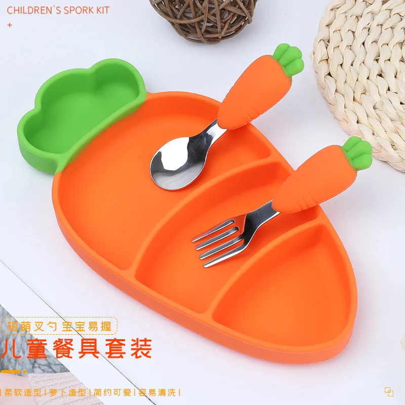 24X12CM Silicone Carrot Plate Stainless Steel Spoon Integrated Children Tableware Set Baby Food Bowl Compartment Training Spoon
24X12CM Silicone Carrot Plate Stainless Steel Spoon Integrated Children Tableware Set Baby Food Bowl Compartment Training Spoon