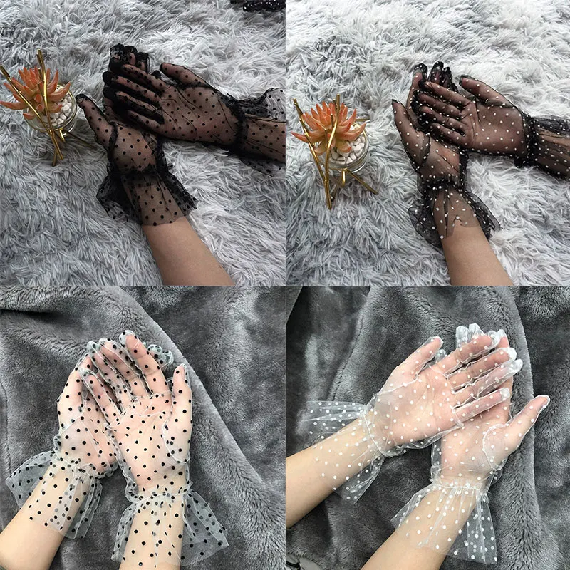 

1 Pair Lace Summer Women Short Tulle Gloves Bridal Vintage Elegant Stretchy Spots Lotus Leaf Sheers Full Finger Party Gloves