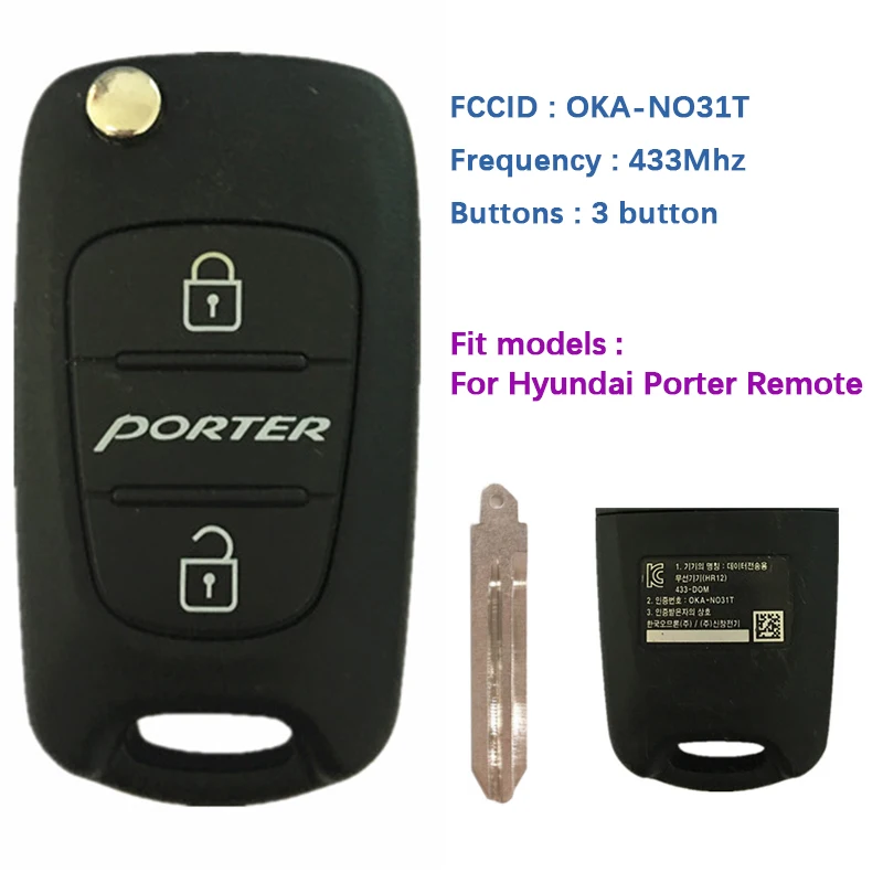 CN020113 оригинальный 2-кнопочный флип-ключ для автомобиля Hyundai Porter Дистанционная частота 433 МГц FCCID OKA-NO31T
CN020113 оригинальный 2-кнопочный флип-ключ для автомобиля Hyundai Porter Дистанционная частота 433 МГц FCCID OKA-NO31T