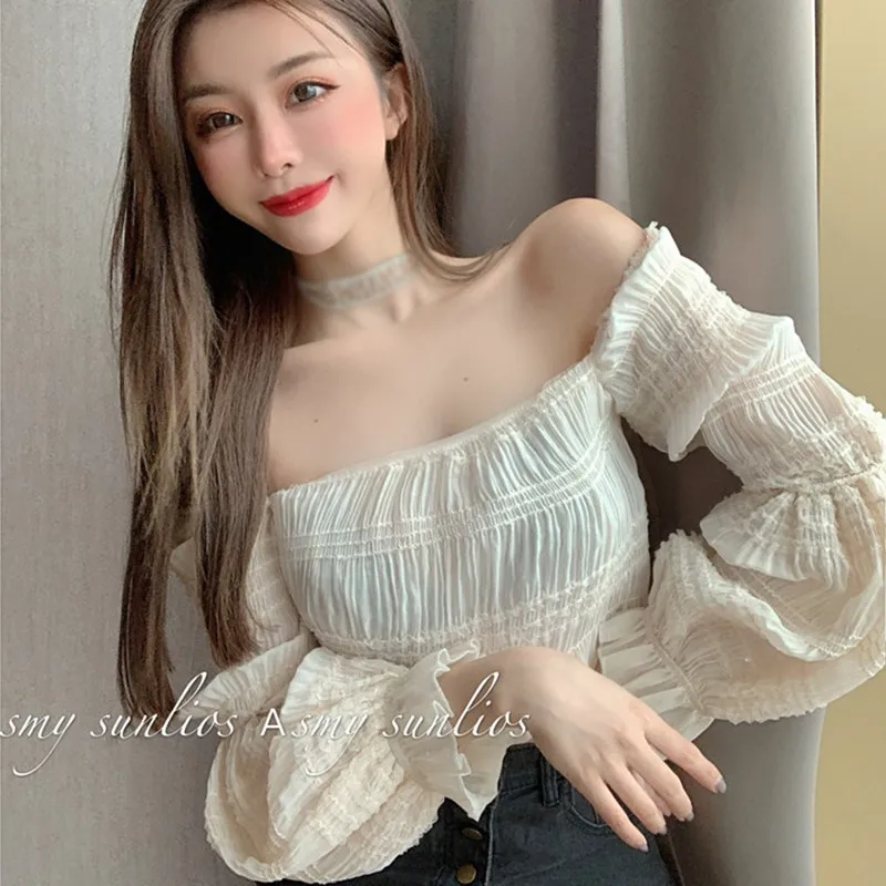 Women Slash Neck Puff Sleeve Sexy Blouses Temperament Long-sleeved Chiffon Shirt Slim Strapless Short Blouses Top Women Blouse
Women Slash Neck Puff Sleeve Sexy Blouses Temperament Long-sleeved Chiffon Shirt Slim Strapless Short Blouses Top Women Blouse
