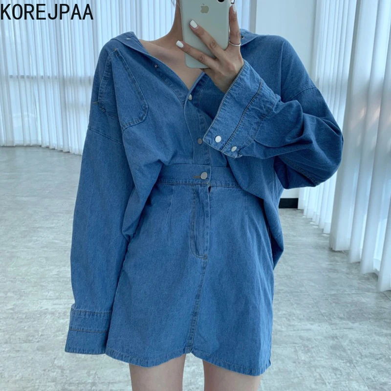 Korejpaa Women Dress Sets 2021 Korean Fashion Early Autumn Retro Lapel Denim Shirt and High-waisted A-shaped Short Skirt Suit
Korejpaa Women Dress Sets 2021 Korean Fashion Early Autumn Retro Lapel Denim Shirt and High-waisted A-shaped Short Skirt Suit