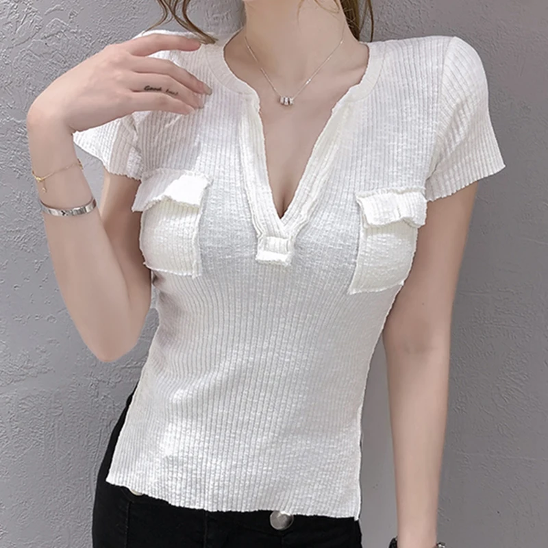 White Short Sleeve T Shirt Women Sexy Split Fork Skinny Tshirt Fashion Pockets Knitted Tee Shirt Femme Summer Camisetas De Mujer
White Short Sleeve T Shirt Women Sexy Split Fork Skinny Tshirt Fashion Pockets Knitted Tee Shirt Femme Summer Camisetas De Mujer