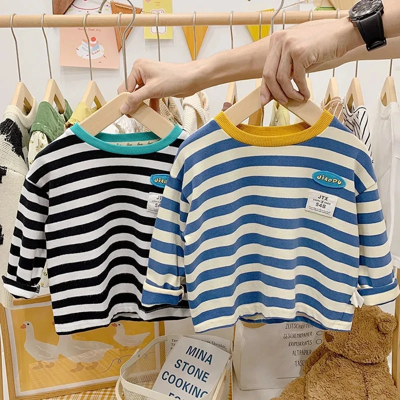 Contrast collar striped sweatshirt children's wear boys and girls loose long sleeve round neck top P5849
Contrast collar striped sweatshirt children's wear boys and girls loose long sleeve round neck top P5849