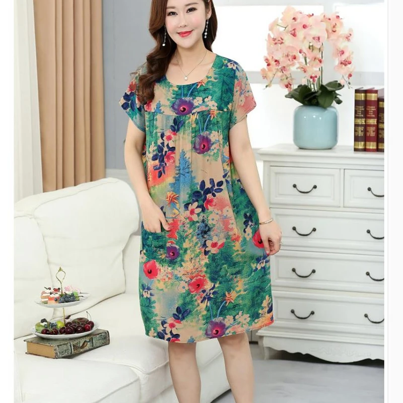 

nightdress woman spring and summer Loose cotton sexy nightware home service XL middle-aged and elderly printing pijama