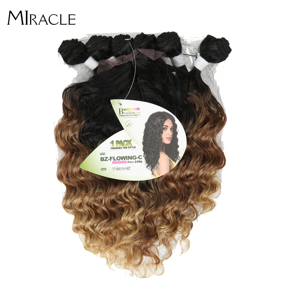 

Miracle Synthetic Hair Extension Water Wave With Closure 7PCS/Lot Ombre Blonde Loose Deep Wave Bundles With Closure