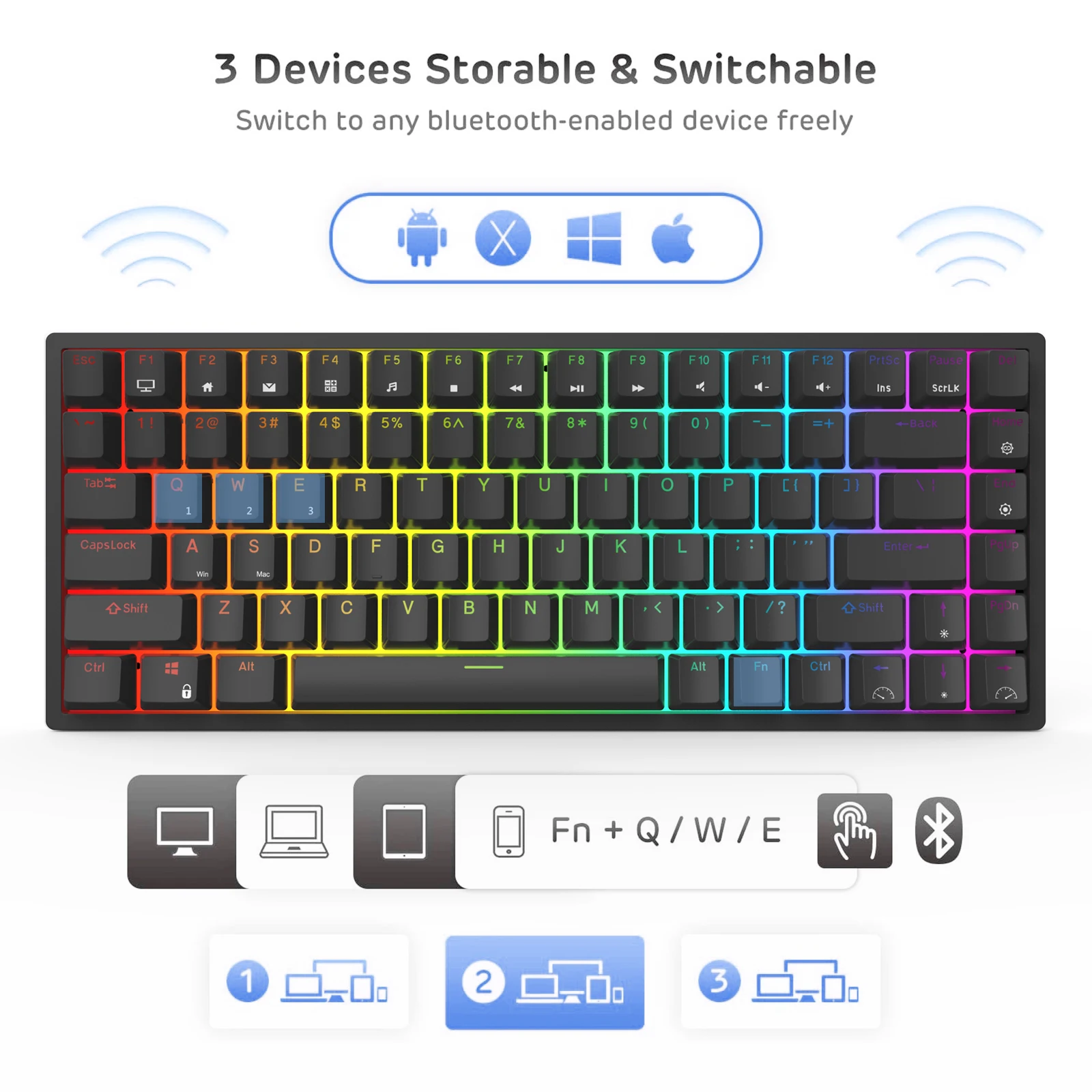 RK84 Hot-Swappble Wireless Bluetooth /2.4Ghz 80% RGB Mechanical Gaming Keyboard, Three Modes Connectable Keyboard For PC Laptop
RK84 Hot-Swappble Wireless Bluetooth /2.4Ghz 80% RGB Mechanical Gaming Keyboard, Three Modes Connectable Keyboard For PC Laptop