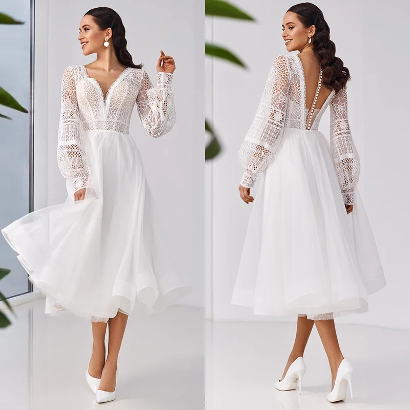 Tea Length V-Neck Wedding Dresses 2021 Lantern Long Sleeve Lace Illusion Button Back Boho Beach Short Bridal Gown For Women
Tea Length V-Neck Wedding Dresses 2021 Lantern Long Sleeve Lace Illusion Button Back Boho Beach Short Bridal Gown For Women