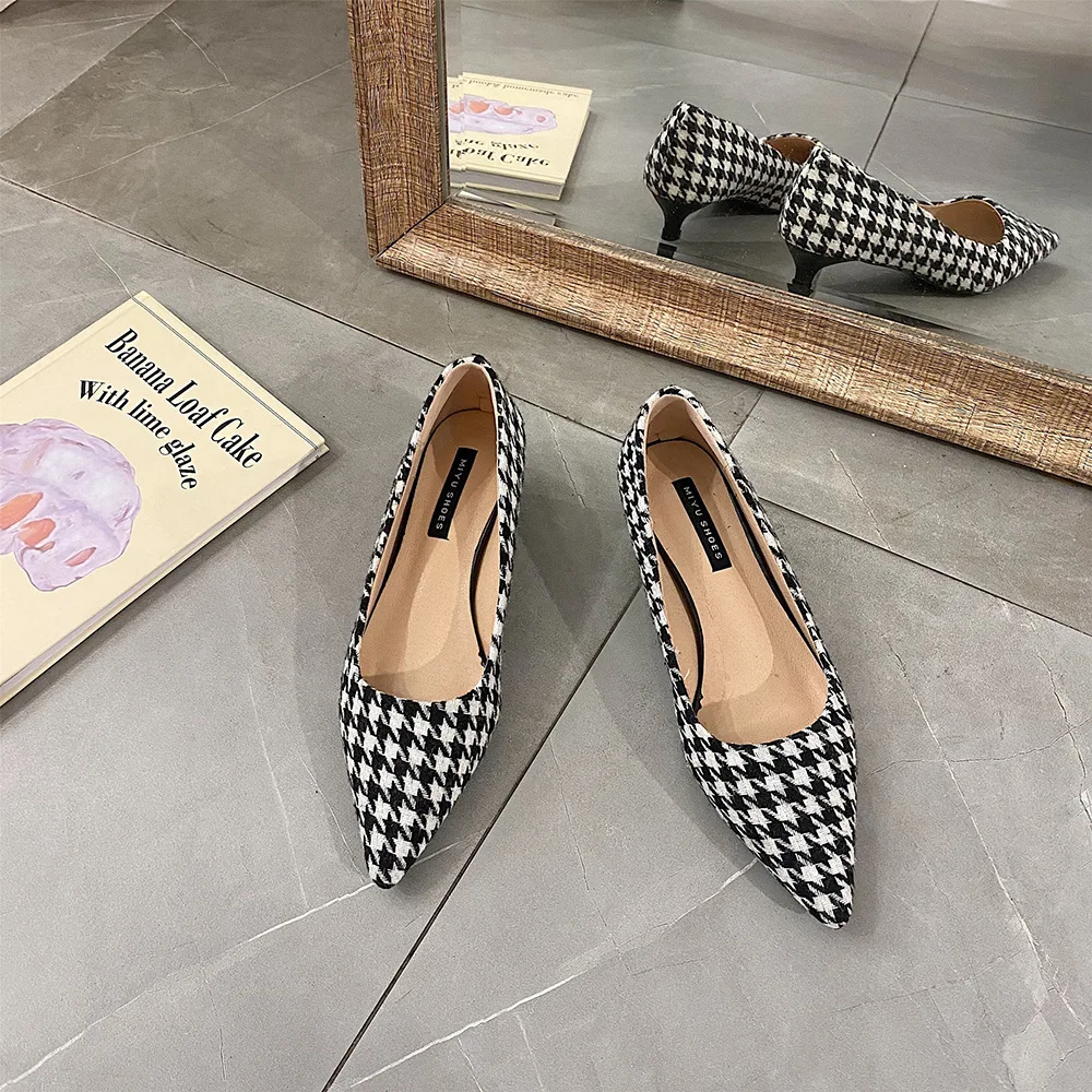 Houndstooth Gh-heeled Shoes Women 2021 Spring New Simple Temperament Pointed Shallow Mouth Mid-heeled Shoes Women