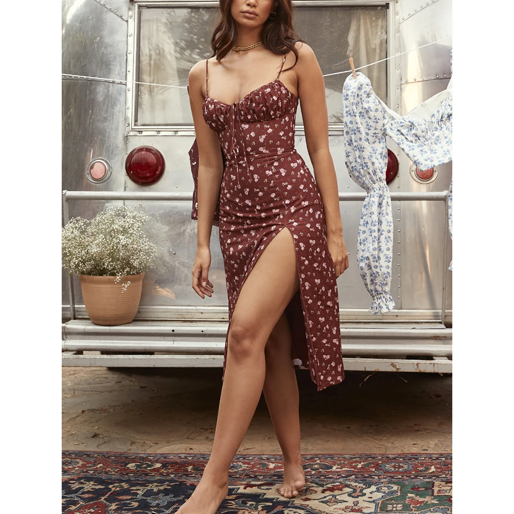 2021 Ruched Floral Midi Dresses Strapped High Waist Split Vintage Red Dress Sleeveless A Line Bandage Summer Dress
2021 Ruched Floral Midi Dresses Strapped High Waist Split Vintage Red Dress Sleeveless A Line Bandage Summer Dress