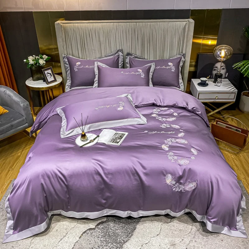 

Роскошный комплект постельного белья из египетского хлопка с вышивкой в виде цветка фиолетового, розового, синего, желтого цветов 600TC подод...