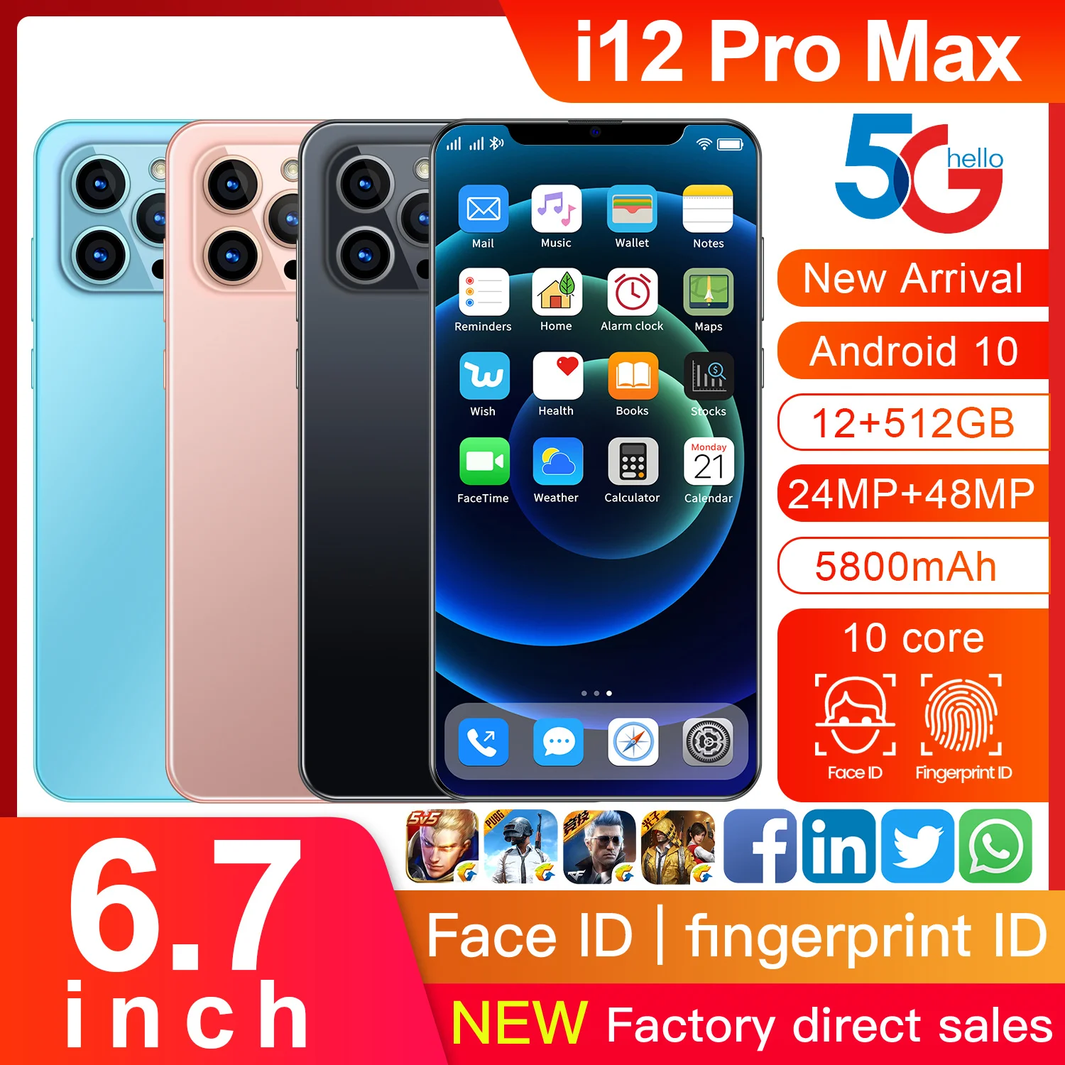 New Global Version i12Pro Max 6.7inch U-Screen Smartphone 5800mAh 12+512G Support Face Unlock Dual SIM Network Android Cellphone
New Global Version i12Pro Max 6.7inch U-Screen Smartphone 5800mAh 12+512G Support Face Unlock Dual SIM Network Android Cellphone
