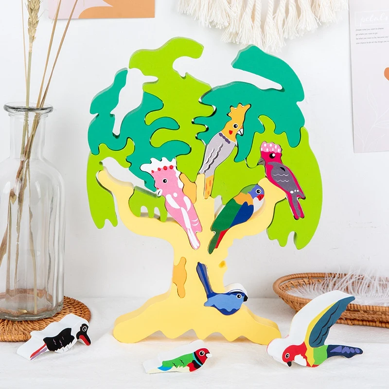 

Детская деревянная укладка игрушки Дети DIY птица головоломка в форме дерева развивающая игрушка птичка распознавания Форма соответствия и...